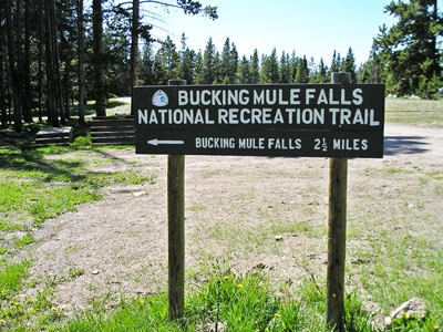 Entrance sign for Bucking Mule Falls WY