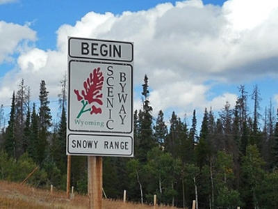 Entrance sign for Snowy Range Scenic Byway, Wyoming